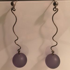 Vintage 80s Silver Drop Earrings with Navy Ball